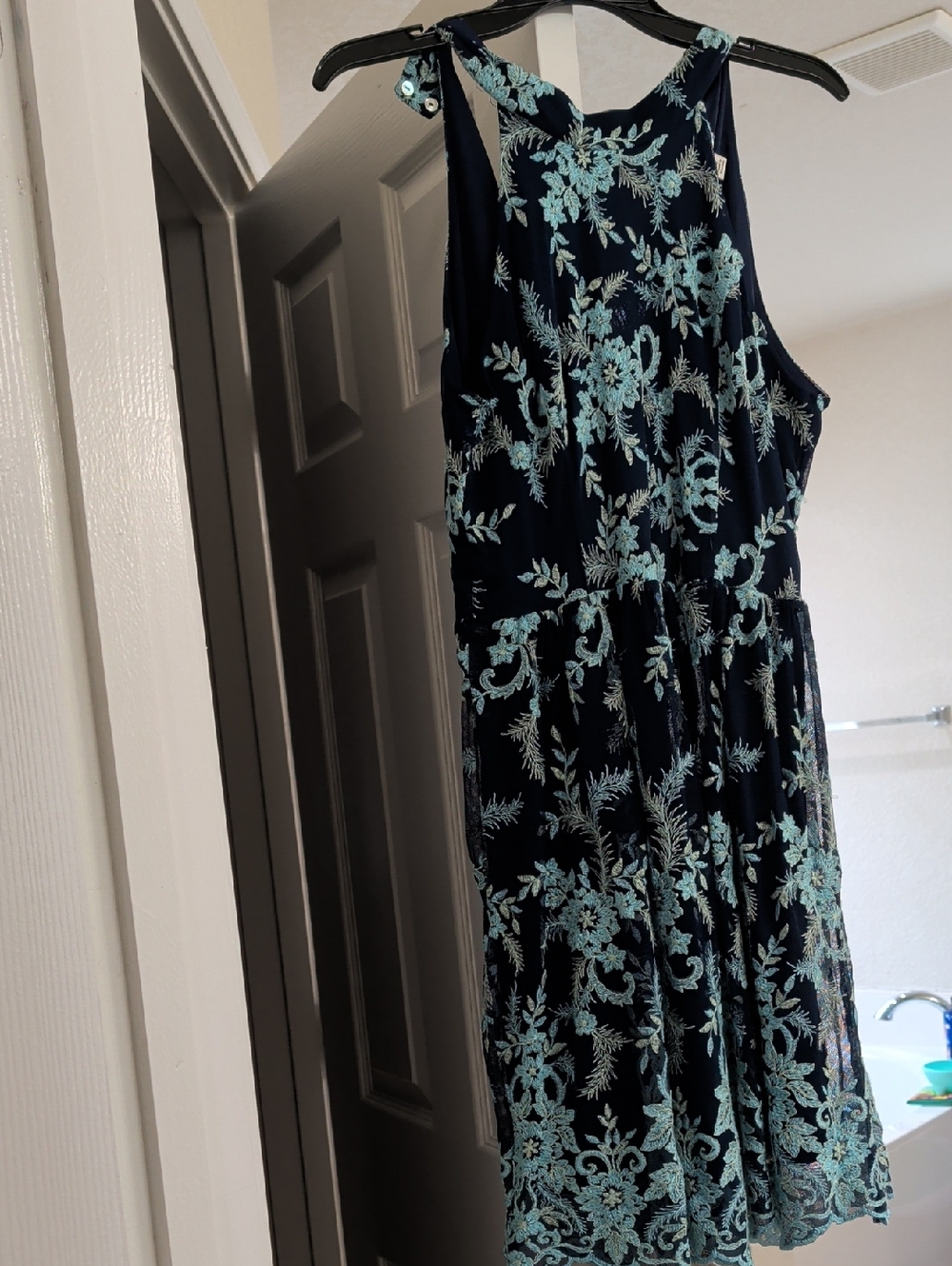 miami Navy Midi Dress with Mint Floral Embroidery